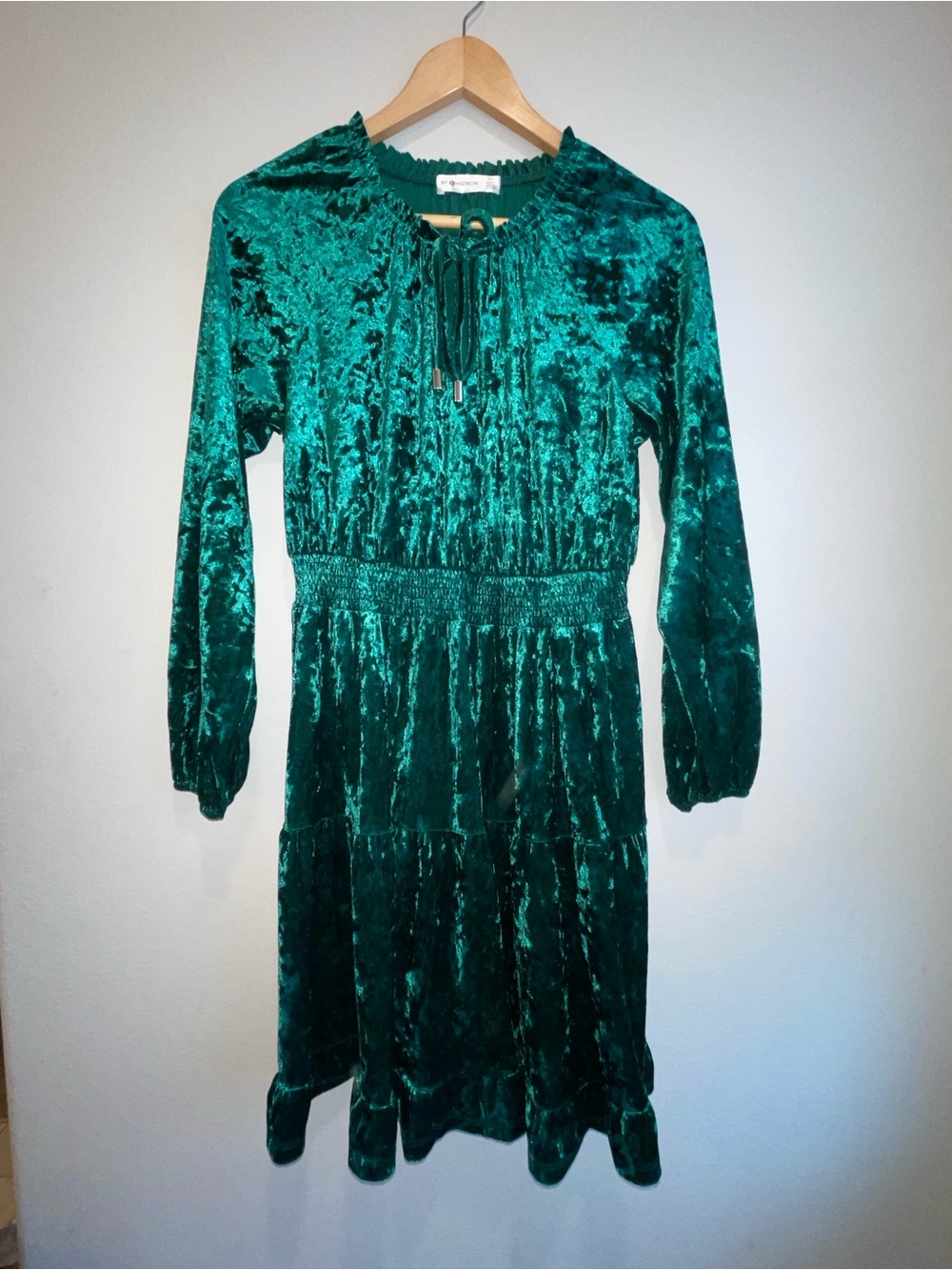 89th & Madison Emerald Green Crushed Velvet Dress Size S Long Sleeve Smocked
